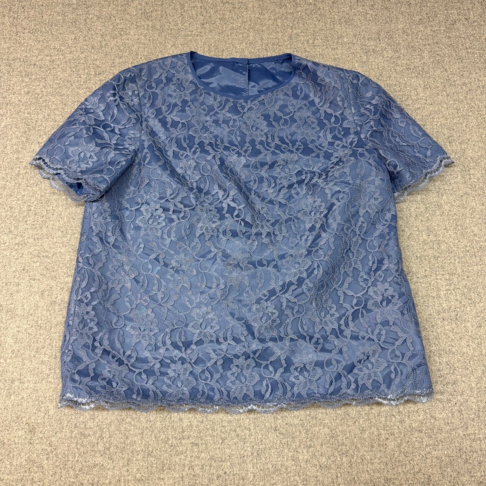 Unbranded Floral Lace Blouse Top Large Blue Short Sleeve Button Back Scalloped